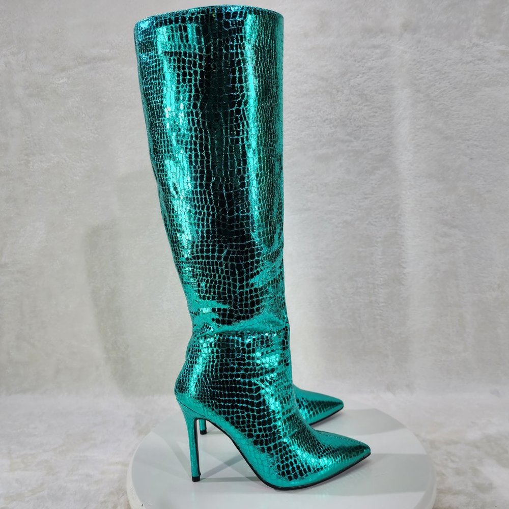 Green Metallic  Festive   Pointy Toe Boots With 4 inch Stiletto Heel - Picture 3 of 10